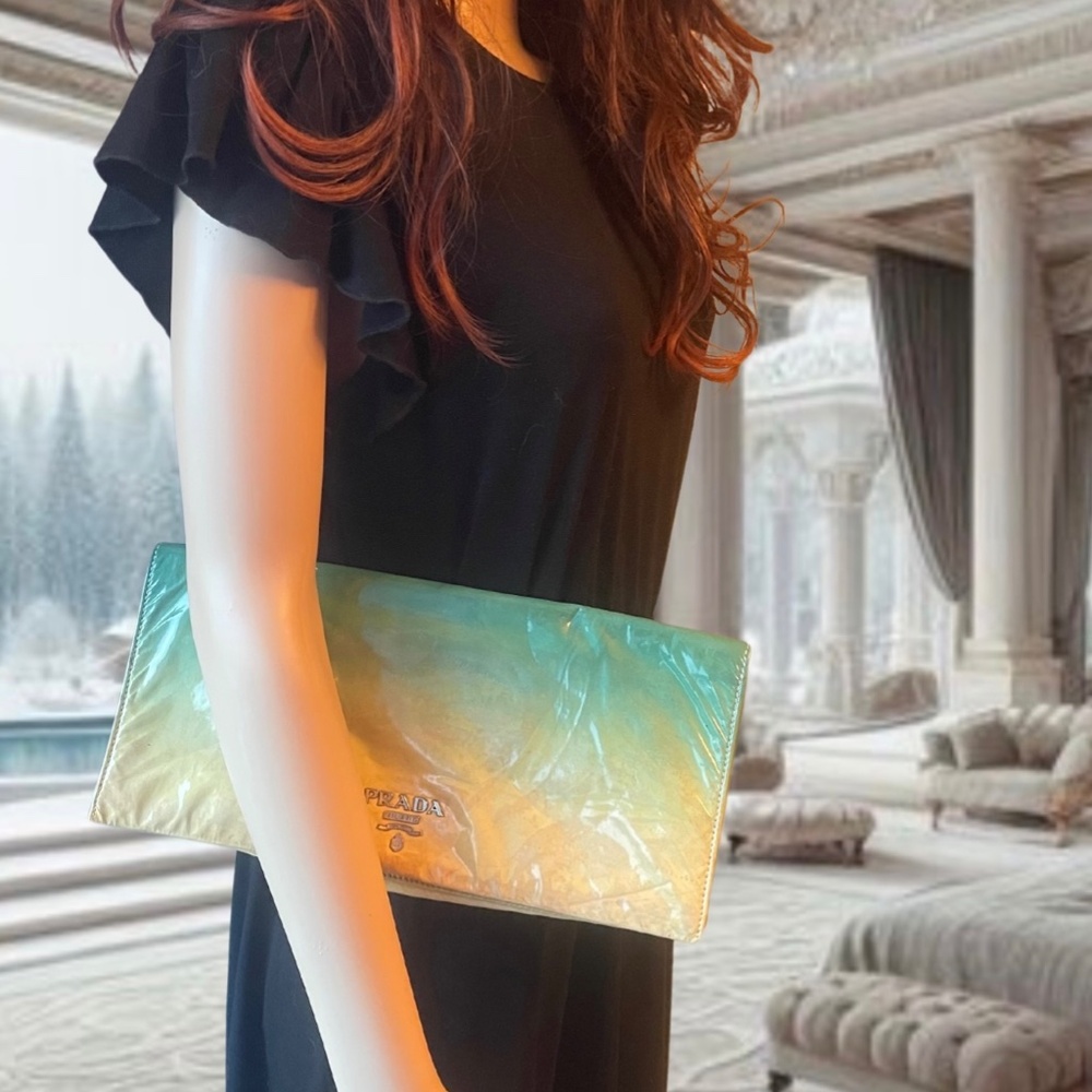Auth Prada Ombre Turquoise/Yellow Patent Leather Clutch w/mirror Satin Purse bag
